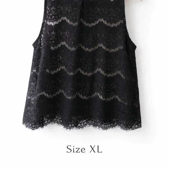 Love, Fire Black Lace Sleeveless Top XL Sheer Overlay Scalloped Hem Chic - Picture 2 of 7
